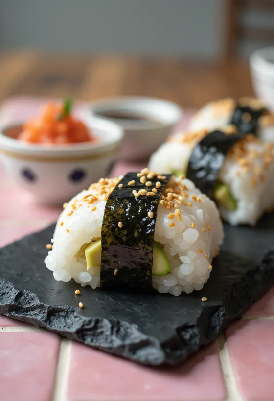 Omusubi s avokádem, japonské jídlo z rýže a avokáda, zdobené čerstvým koriandrem