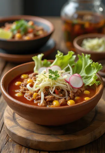 Polévka Pozole servírováno