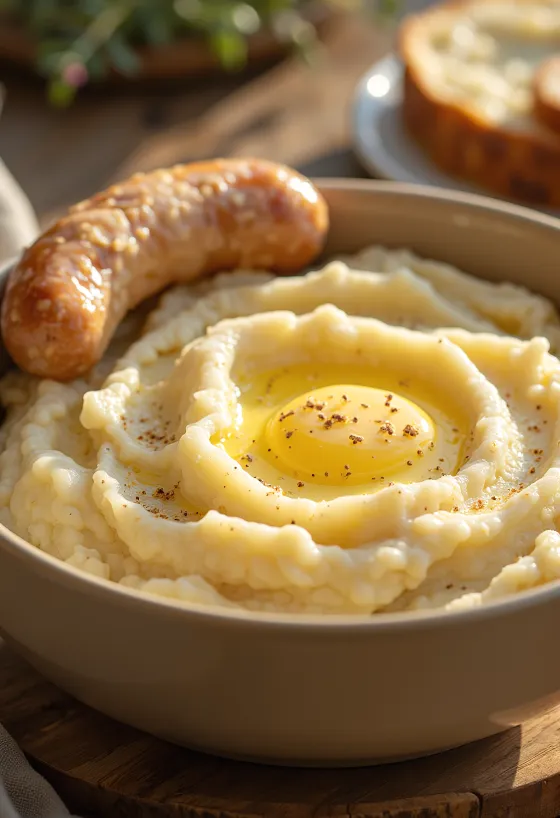 Krémová bramborová kaše smíchaná s máslem a smetanou