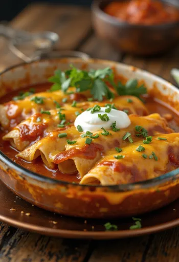 Kuřecí enchiladas posypané rozpuštěným sýrem a zdobené zakysanou smetanou a koriandrem