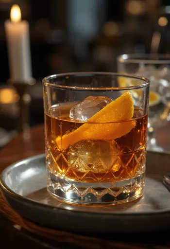 Koktejl Old Fashioned zdobený pomerančovou kůrou