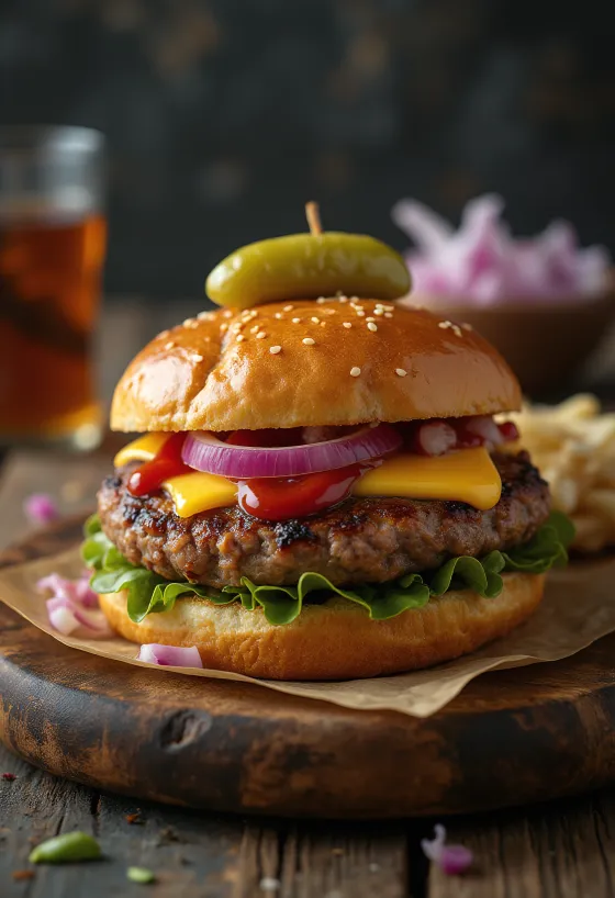 Servírovaný pikantní klobásový burger