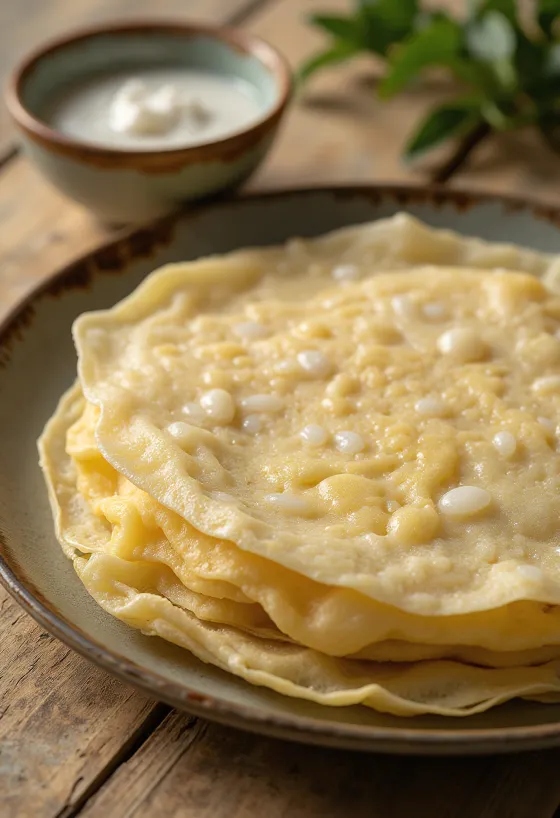 Zlatavé Thinai appam s křupavými okraji a měkkým středem