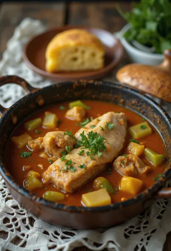 Ragú z aligátořího ocasu servírované s čerstvým chlebem.