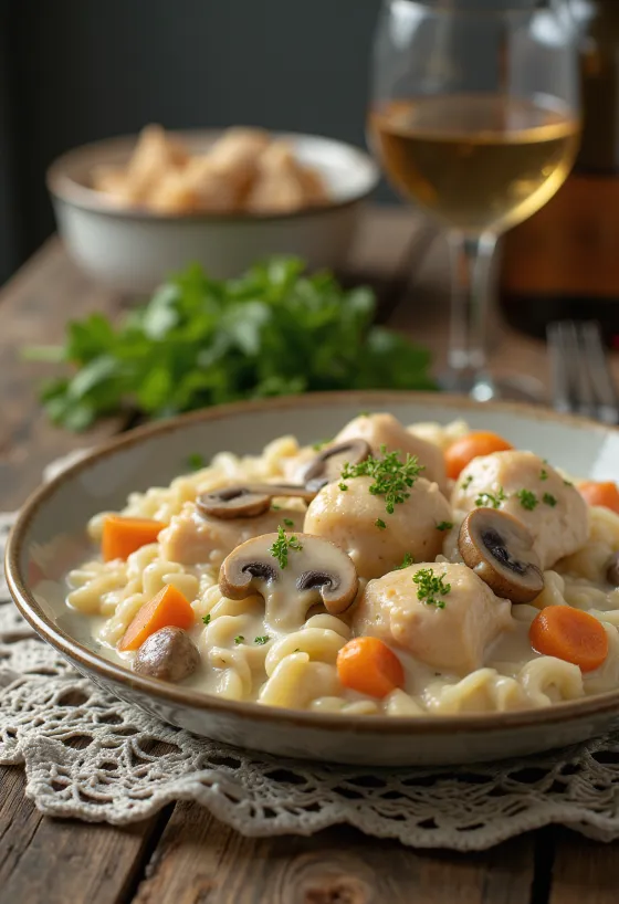 Kuřecí Fricassee servírované se smetanovou omáčkou