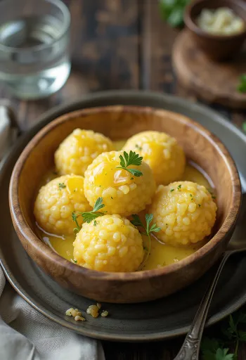 Fungee s máslem, bohaté, krémové jídlo z kukuřičné mouky zdobené čerstvým koriandrem