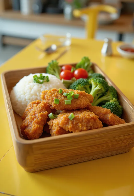 Karaage v bento boxu s křupavým kuřetem, rýží a čerstvou zeleninou