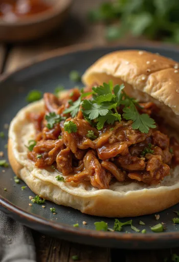 Pulled Duck, křehké barbecue kachní maso podávané s čerstvým koriandrem a zelným salátem