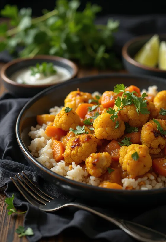 Veganské zapečené květákové kari při podávání