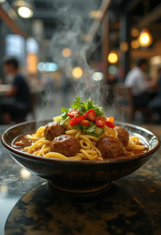 Bakso s nudlemi, podávané s bohatými masovými kuličkami, čerstvým koriandrem a chilli
