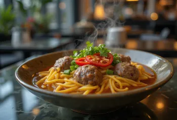 Bakso s nudlemi, podávané s bohatými masovými kuličkami, čerstvým koriandrem a chilli