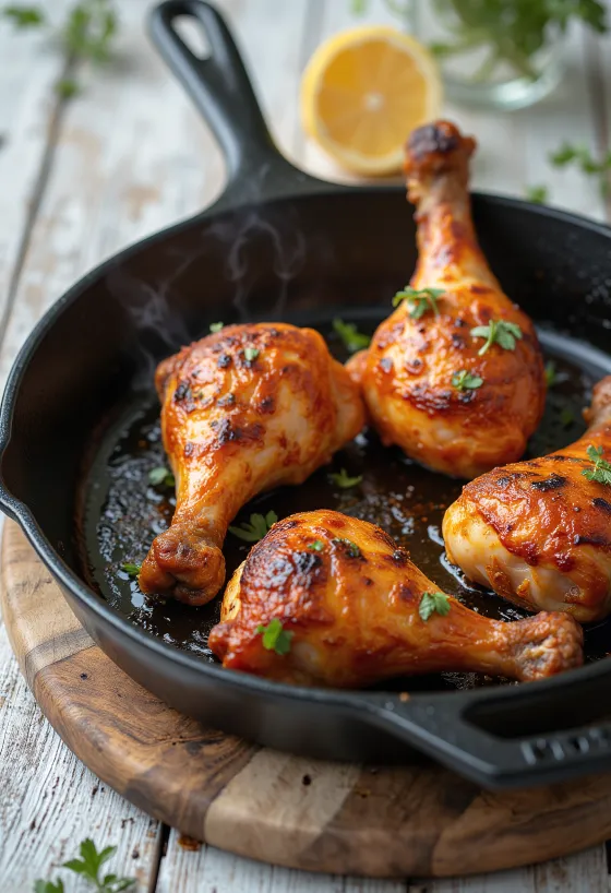 Pikantně kořeněná pečená kuřecí stehna podávaná s čerstvou zeleninou.