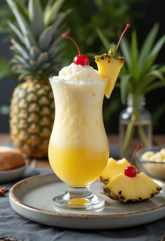 Piña Colada zdobená čerstvým ananasem a koktejlovou třešní