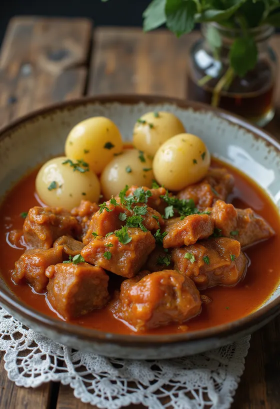 Skopový perkelt podávané s čerstvým chlebem a nakládanou zeleninou