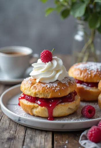 Semlor s malinovou zavařeninou, posypané moučkovým cukrem, plněné šlehačkou a zavařeninou