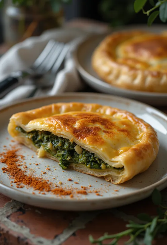 Spanakopita s červenou paprikou, zlatohnědé, křupavé těsto a bohatá špenátová náplň