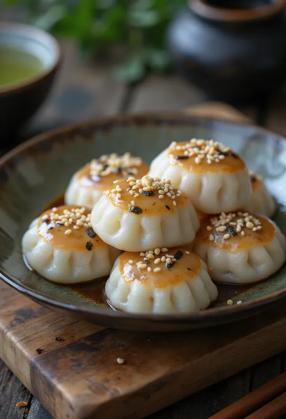 Nori dango, kuličky z rýžové mouky se sušenou řasou a sójovou omáčkou