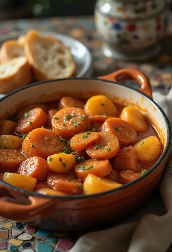 Bramborový guláš se šťavnatými kousky brambor, uzenou klobásou a posypaný čerstvou petrželkou