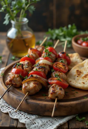 Şiş kebab s grilovaným marinovaným masem, servírovaný s plochým chlebem a zeleninou