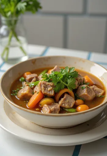 Souse s hovězími nožkami, bohatá zeleninová polévka s čerstvým koriandrem.