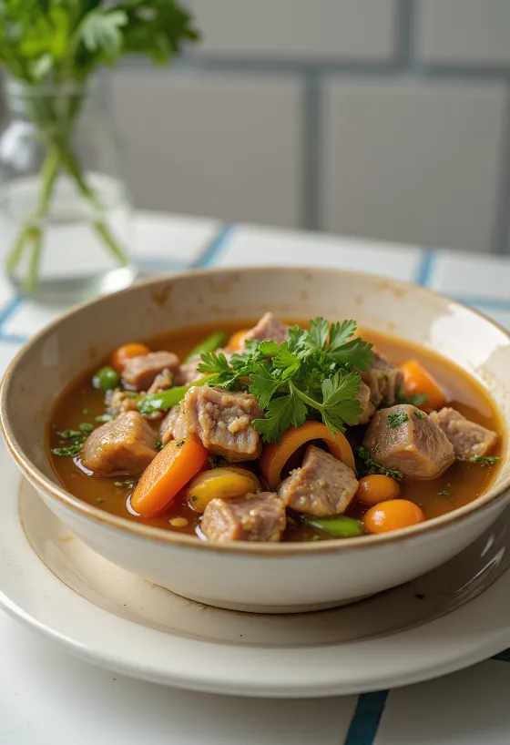 Souse s hovězími nožkami, bohatá zeleninová polévka s čerstvým koriandrem.