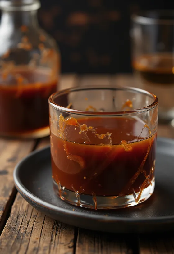 Barbecue omáčka s bourbon whiskey v misce, s čerstvým kořením a grilovaným masem v pozadí.