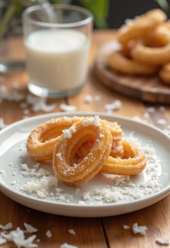 Kokosové churro, podávané s čerstvým strouhaným kokosem a cukrem
