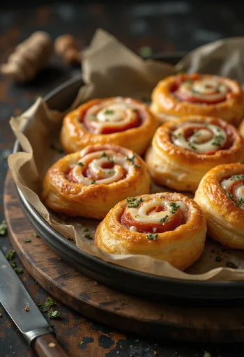 Čerstvě upečení pizzoví šneci plnění rozpuštěným sýrem a rajčatovou omáčkou, servírované na talíři.