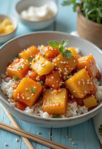 Smažené tofu se sladkokyselou omáčkou, paprikou a ananasem