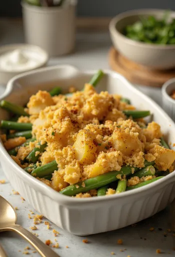 Veganské zapečené zelené fazolky s bramborem při podávání