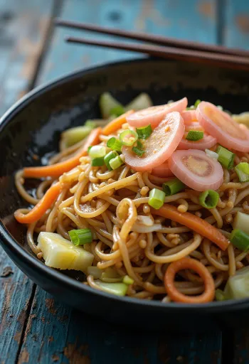 Yakisoba se zeleninou, restované nudle podávané s barevnou zeleninou