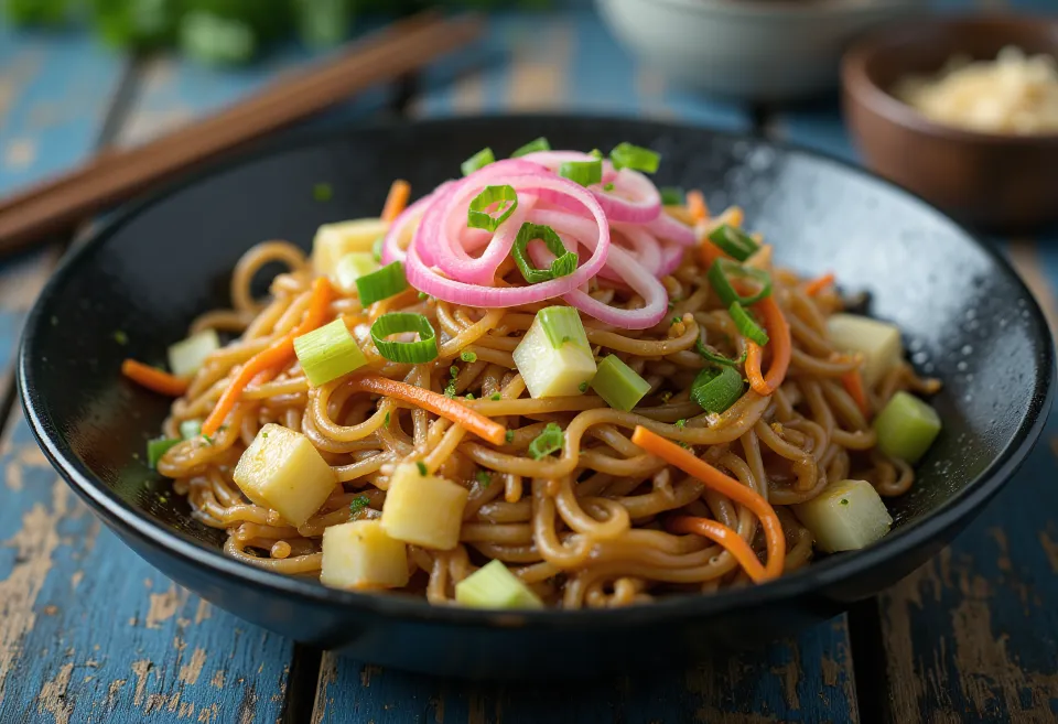 Yakisoba se zeleninou, restované nudle podávané s barevnou zeleninou