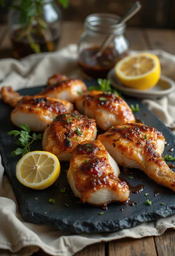 Grilovaný chřestýš servírovaný na dřevěném podnose s barbecue omáčkou.