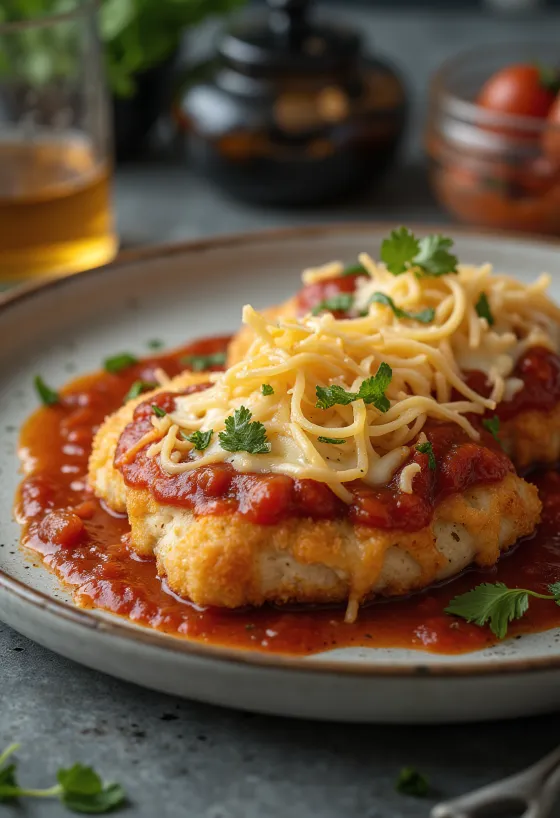 Kuře parmigiana servírované s těstovinami a čerstvou bazalkou