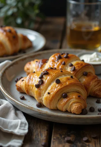 Croissant s čokoládovými kousky servírovaný na talíři