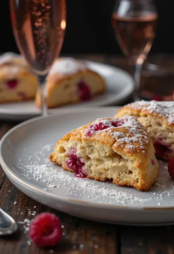 Scones se šampaňským a malinami při podávání