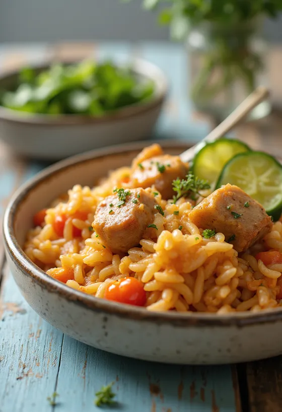 Rizoto s masem se šťavnatým vepřovým a zeleninou, bohatě připravené.