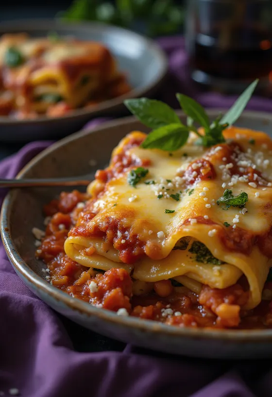 Veganské zapečené zeleninové lasagne při podávání