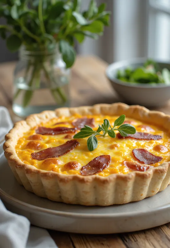 Quiche s čedarem a slaninou rustikálně servírovaná, nakrájený