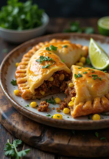 Cornish pasty na mexický způsob, podávané s čerstvým koriandrem a limetkovou šťávou