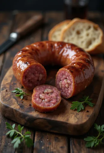 Uzená klobása nakrájená na plátky, podávaná s čerstvým chlebem a paprikou.