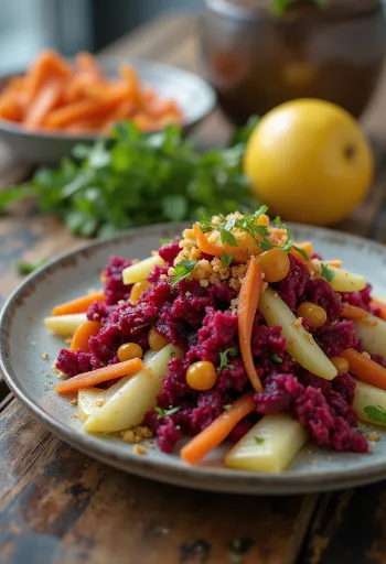 Prebiotický zeleninový salát s řepou a jablkem, podávaný s petrželkou
