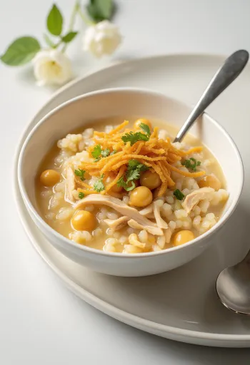 Arroz Caldo s cizrnou, rýžová polévka se smaženým česnekem a bylinkami