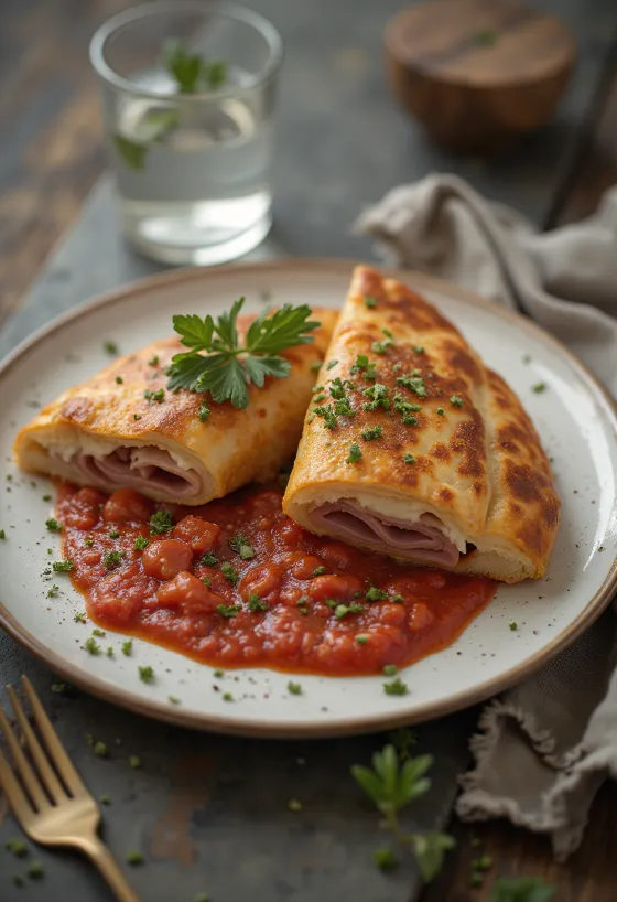 Klasické calzone s bohatou rajčatovou náplní a šunkou