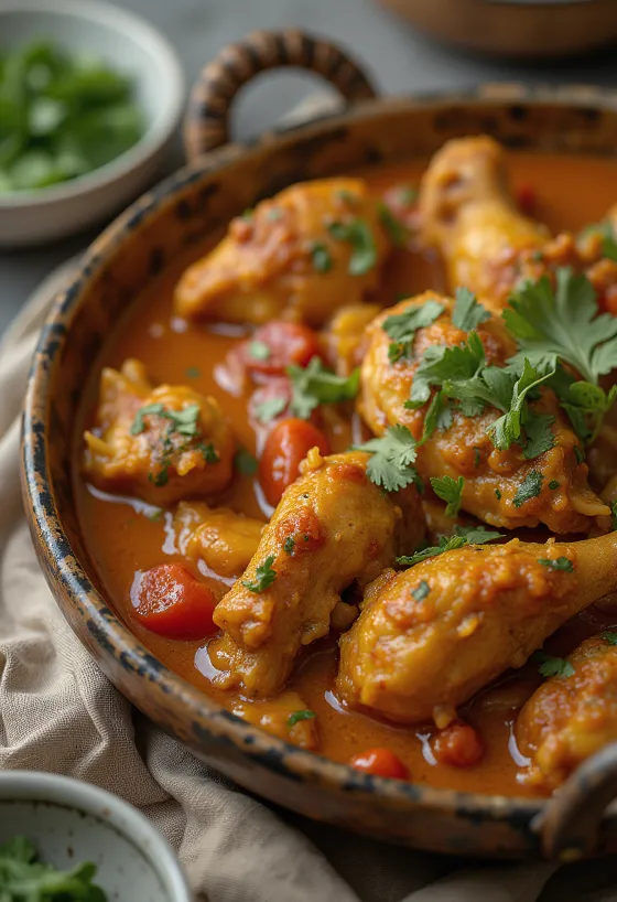Kuřecí Balti kari servírované s chlebem naan a rýží basmati.