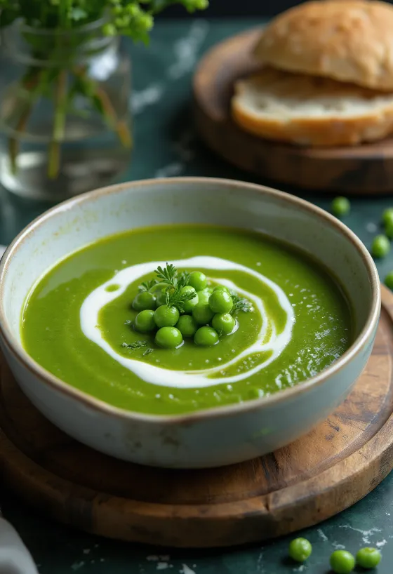 Krémová mátová hrášková polévka servírovaná