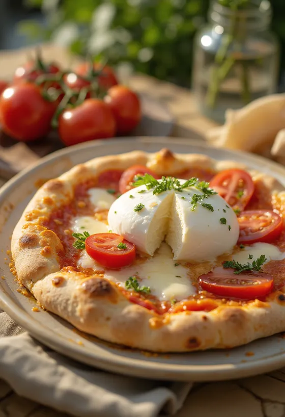 Pizza alla Burrata s krémovým sýrem burrata a čerstvou bazalkou
