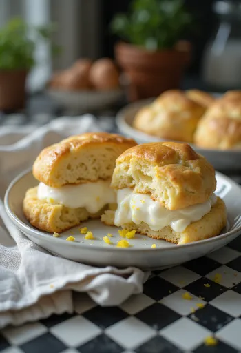 Scones s tvarohovou náplní, zlatohnědé pečivo s křupavým povrchem