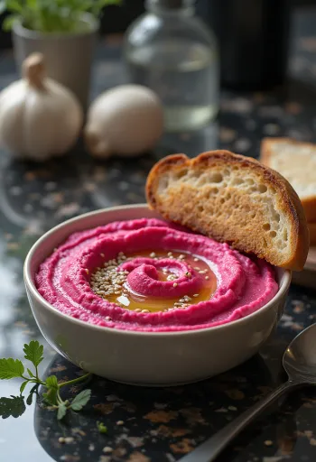 Řepový hummus podávaný s topinkou