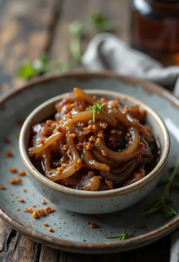 Chilli karamelizovaná cibulová omáčka v misce, zdobená čerstvým chilli.